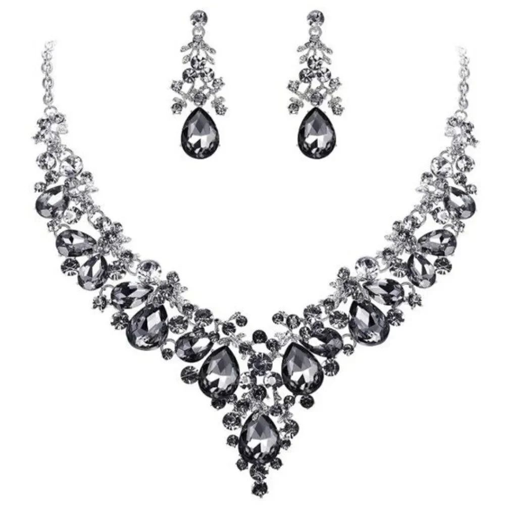 Silver with Charcoal Gray Austrian Crystal Floral Necklace and Earrings Set